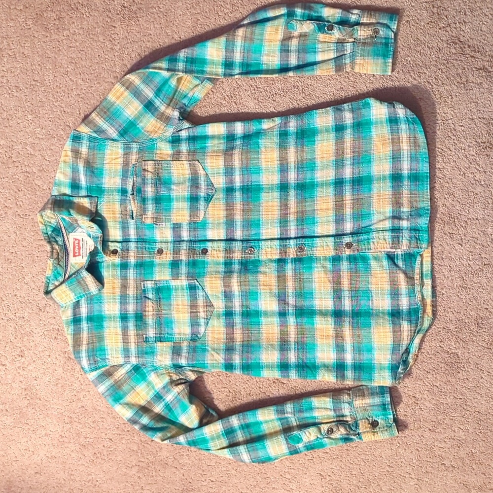 Small Levi's Button-Down Plaid Shirt Pockets Teal Yellow White Gray